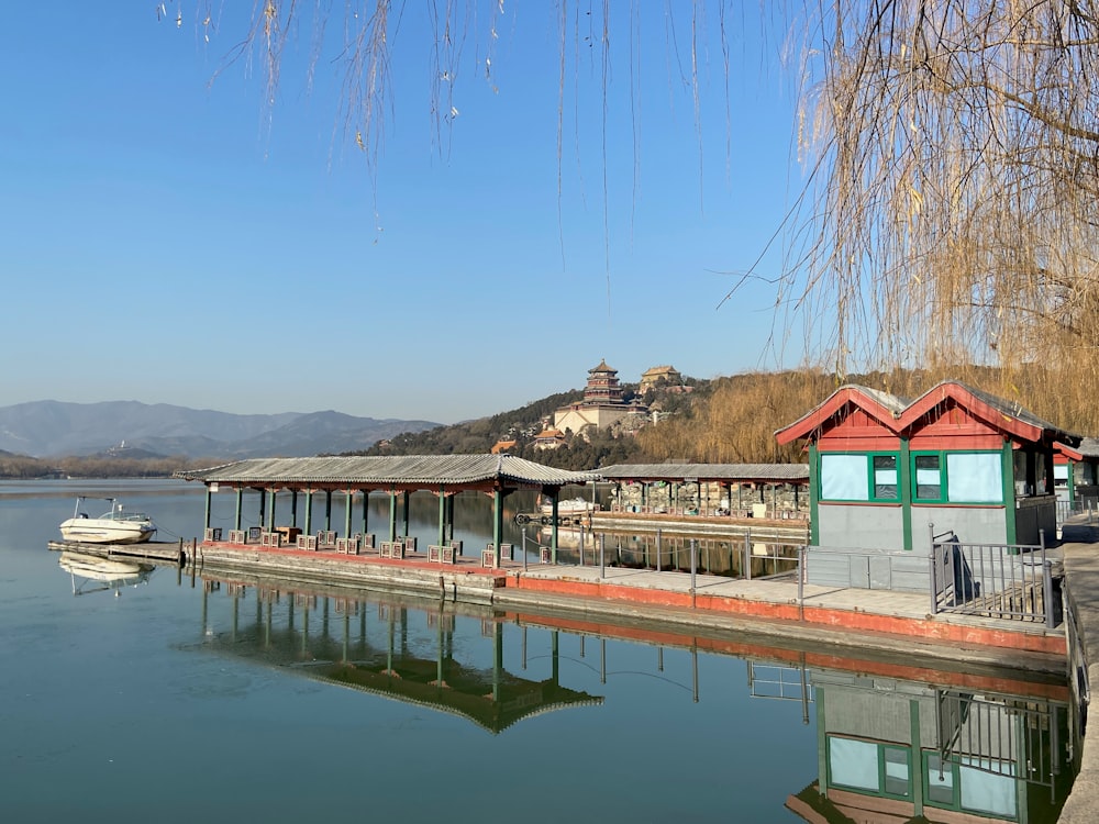 a boat is docked at a dock on a lake