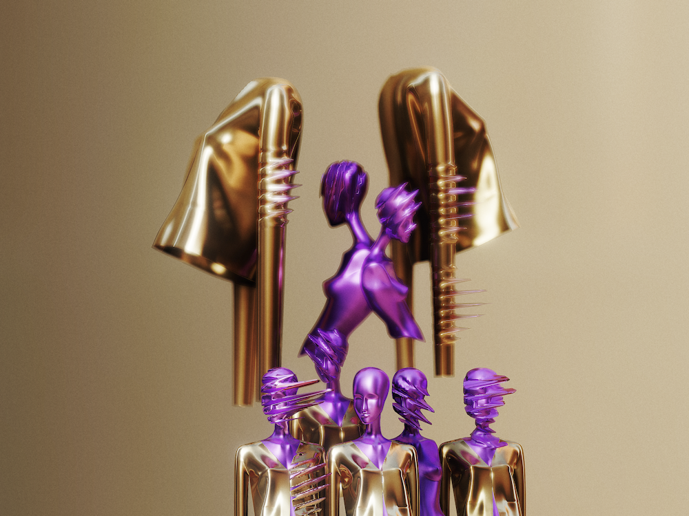 a group of purple and gold hairbrushes sitting on top of each other