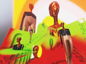 Stylized humanoid figures with metallic, faceless heads and elongated bodies stand in a surreal architectural space filled with vibrant colors and abstract shapes. The scene includes staircases, arches, and geometric forms, creating a dreamlike or futuristic atmosphere.