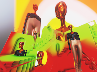 Stylized humanoid figures with metallic, faceless heads and elongated bodies stand in a surreal architectural space filled with vibrant colors and abstract shapes. The scene includes staircases, arches, and geometric forms, creating a dreamlike or futuristic atmosphere.