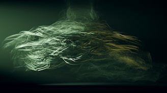 Swirling, abstract lines and shapes appear as if in motion against a dark backdrop, creating an ethereal and dynamic visual effect. The patterns are fluid and organic, invoking a sense of movement and chaos.