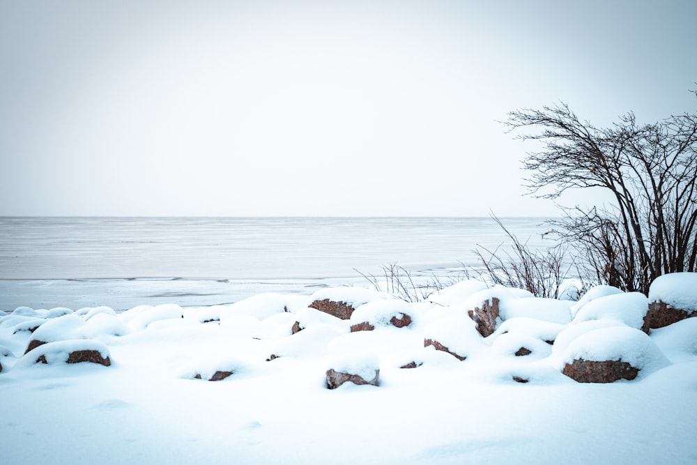 a beach covered in snow next to a body of water