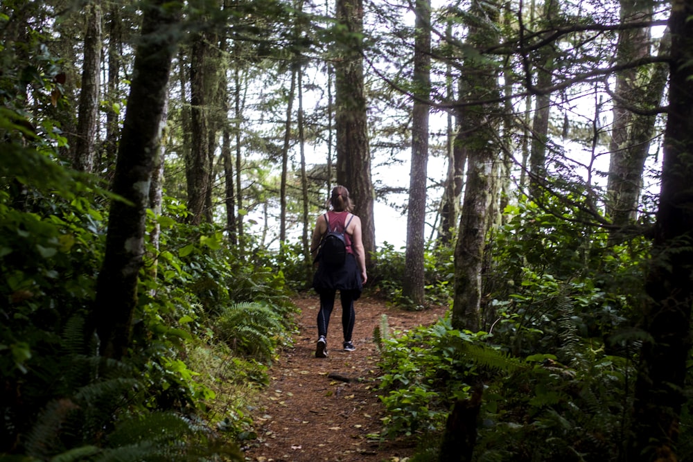 a woman hiking through the woods on a trail