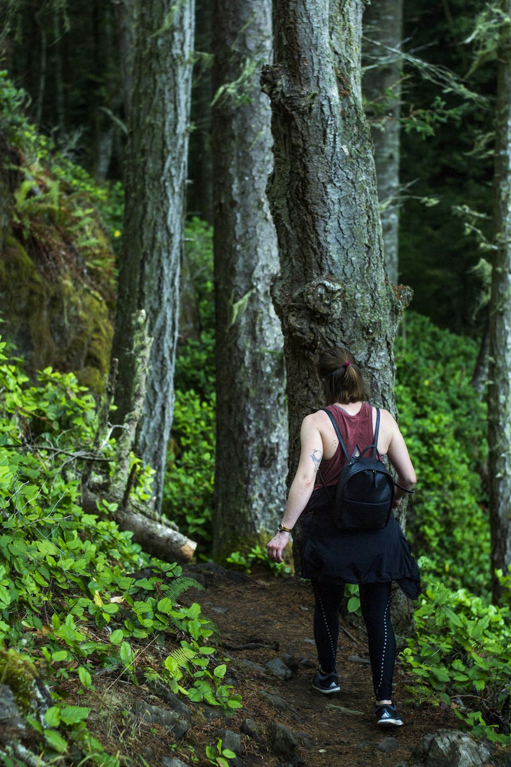 Eine Frau, die einen Pfad im Wald hinaufwandert