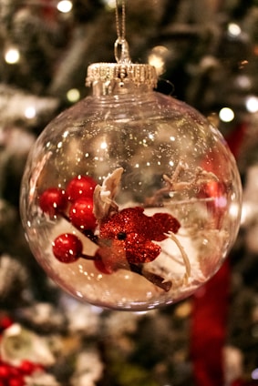 a christmas ornament hanging from a christmas tree