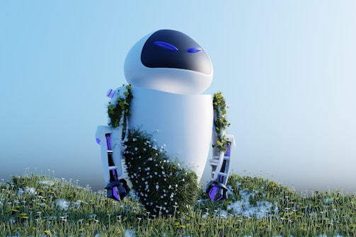 A futuristic robot standing in a field of flowers and grass, partially covered in greenery and small white blossoms. Its sleek, white design with blue accents contrasts with the natural environment.