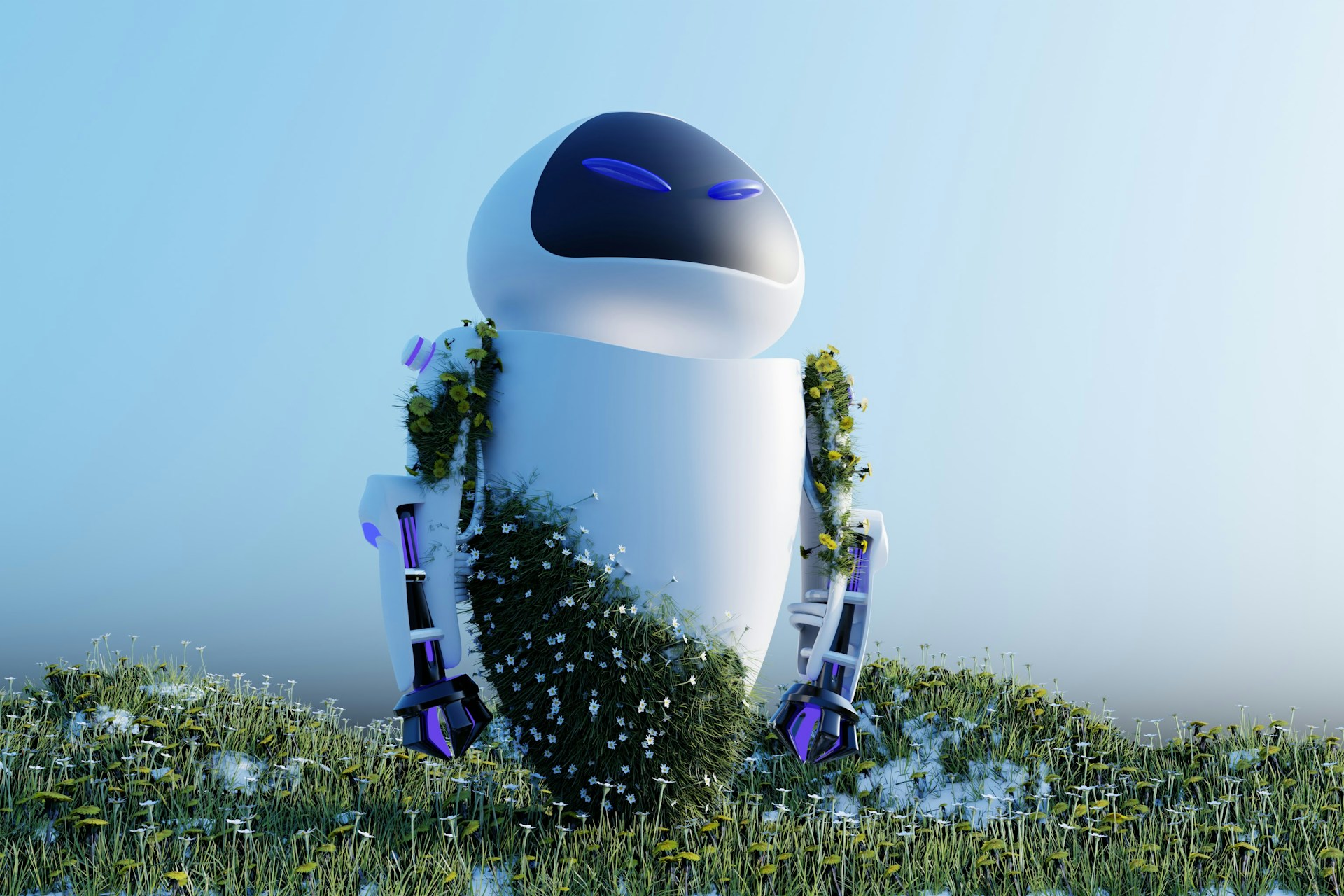 A futuristic scene of a robot and a person working together to deliver packages in a lush green park.