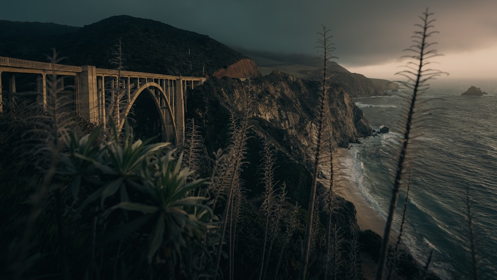 a bridge over a body of water with a mountain in the background