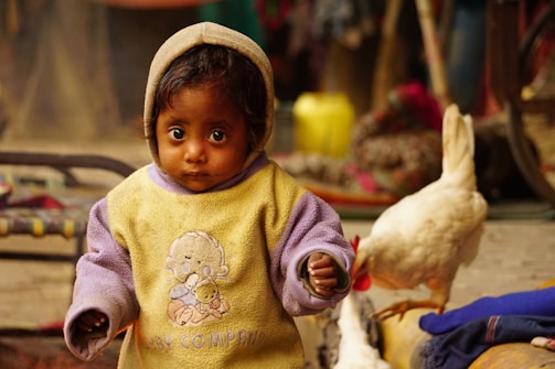A young child with large, expressive eyes is wearing a warm, hooded sweater featuring a cartoon character. The child stands in an indoor setting, with a chicken nearby. The background is slightly blurred, showing household items and colorful textiles.