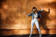 A woman in athletic wear poses energetically against a textured orange wall, casting a shadow. She is wearing white leggings, a white crop top, a denim jacket, and black sneakers.