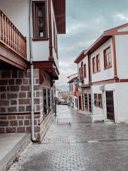 a cobblestone street in a small town