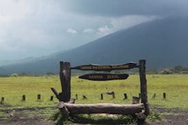 A wooden signpost with two directional pointers stands on a grassy plain with the words 'TAMAN NASIONAL BALURAN' and 'SAVANA BEKOL' written on them. In the background, there is a mountain partially obscured by clouds, with an overcast sky adding to the dramatic feel of the scenery. The area appears to be a natural, open landscape with lush greenery and scattered tree stumps.