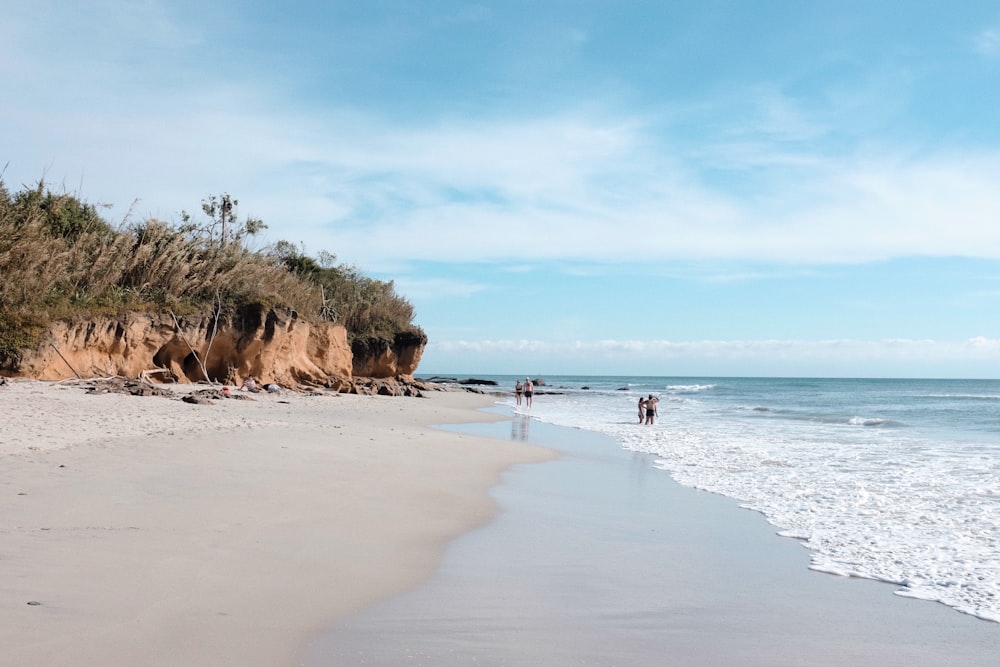 a couple of people standing on top of a sandy beach