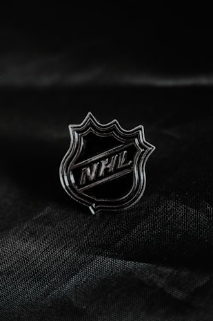 A metallic lapel pin featuring an angular shield shape with the letters 'NHL' prominently displayed in the center. The pin rests against a dark, textured fabric background that enhances its shiny, reflective surface.