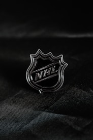 A metallic lapel pin featuring an angular shield shape with the letters 'NHL' prominently displayed in the center. The pin rests against a dark, textured fabric background that enhances its shiny, reflective surface.