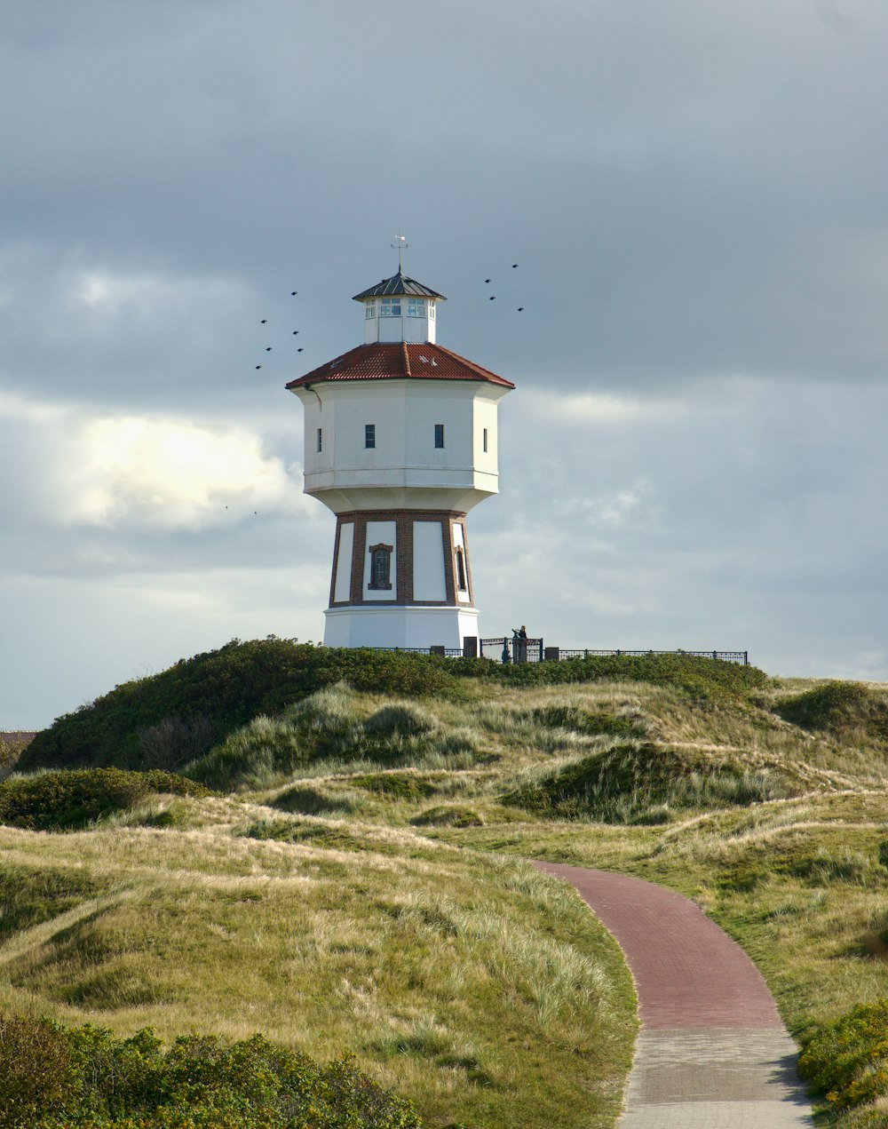 a white and brown lighthouse on top of a hill