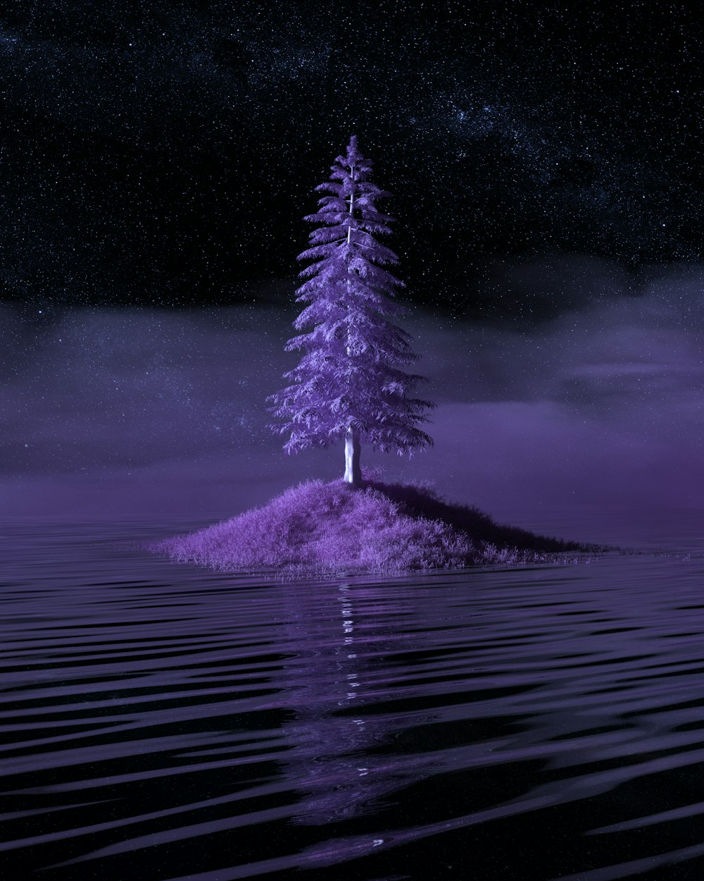 a purple tree sitting on top of a small island