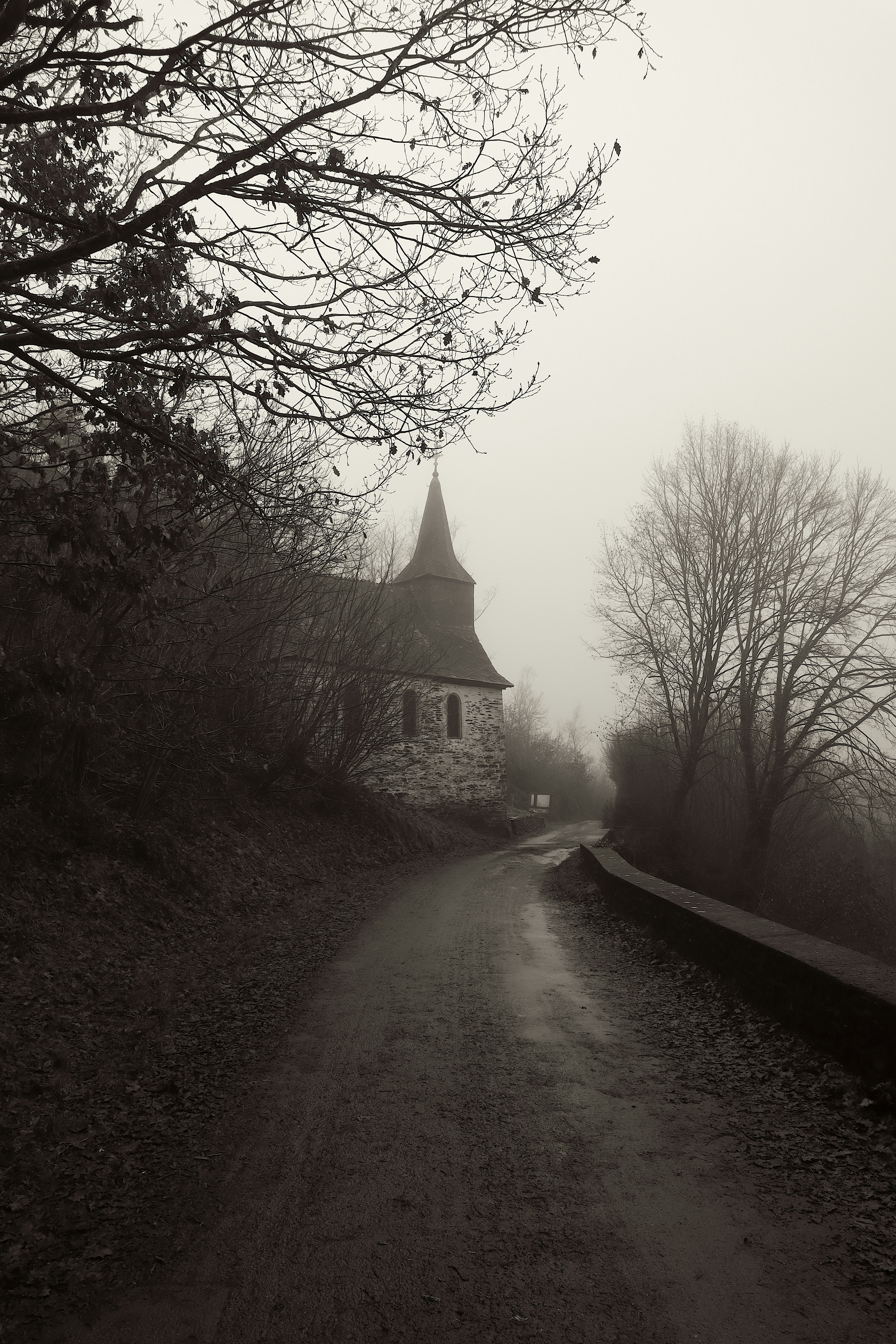 Una foto en blanco y negro de una iglesia en un día de niebla