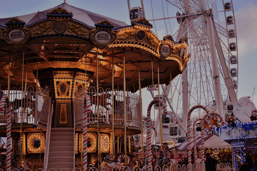 a merry go round with a ferris wheel in the background