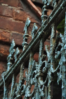 An ornate, old wrought iron fence with peeling paint displaying a textured, weathered appearance. The background includes a blurred view of a red brick wall.