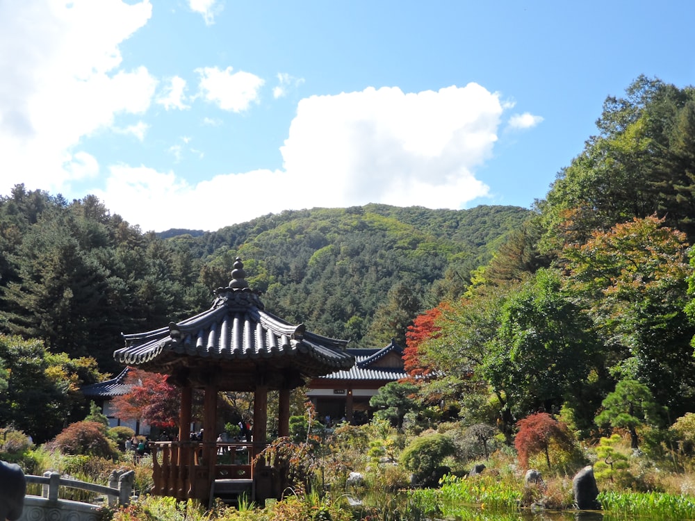 a gazebo in the middle of a park with a mountain in the background