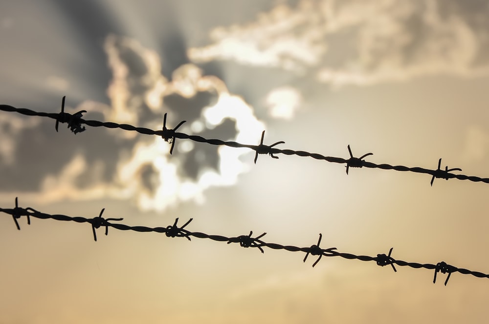 a line of barbed wire with a cloudy sky in the background
