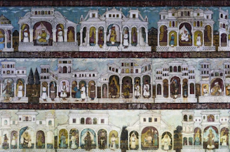 A detailed timeline mural blending Moorish architecture with futuristic Afrofuturist motifs.