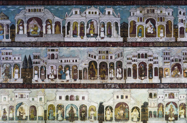 A detailed timeline mural blending Moorish architecture with futuristic Afrofuturist motifs.