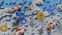 A digital or voxel art scene featuring rockets, stylized coins, and abstract symbols against a three-dimensional pixelated blue and gray background. The rockets appear to have pixelated flames and are flying among coins and geometric shapes.