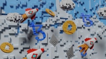 A digital or voxel art scene featuring rockets, stylized coins, and abstract symbols against a three-dimensional pixelated blue and gray background. The rockets appear to have pixelated flames and are flying among coins and geometric shapes.