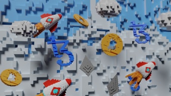 A digital or voxel art scene featuring rockets, stylized coins, and abstract symbols against a three-dimensional pixelated blue and gray background. The rockets appear to have pixelated flames and are flying among coins and geometric shapes.