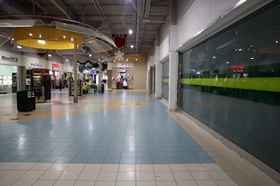 Bright hallway of the mall leading to several available store spaces with playful pet artwork