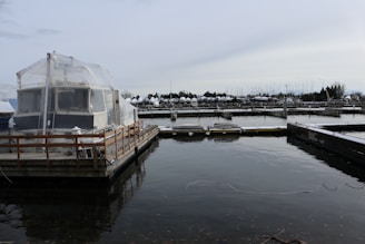 Covered storage units protecting boats during the winter season, surrounded by peaceful greenery.