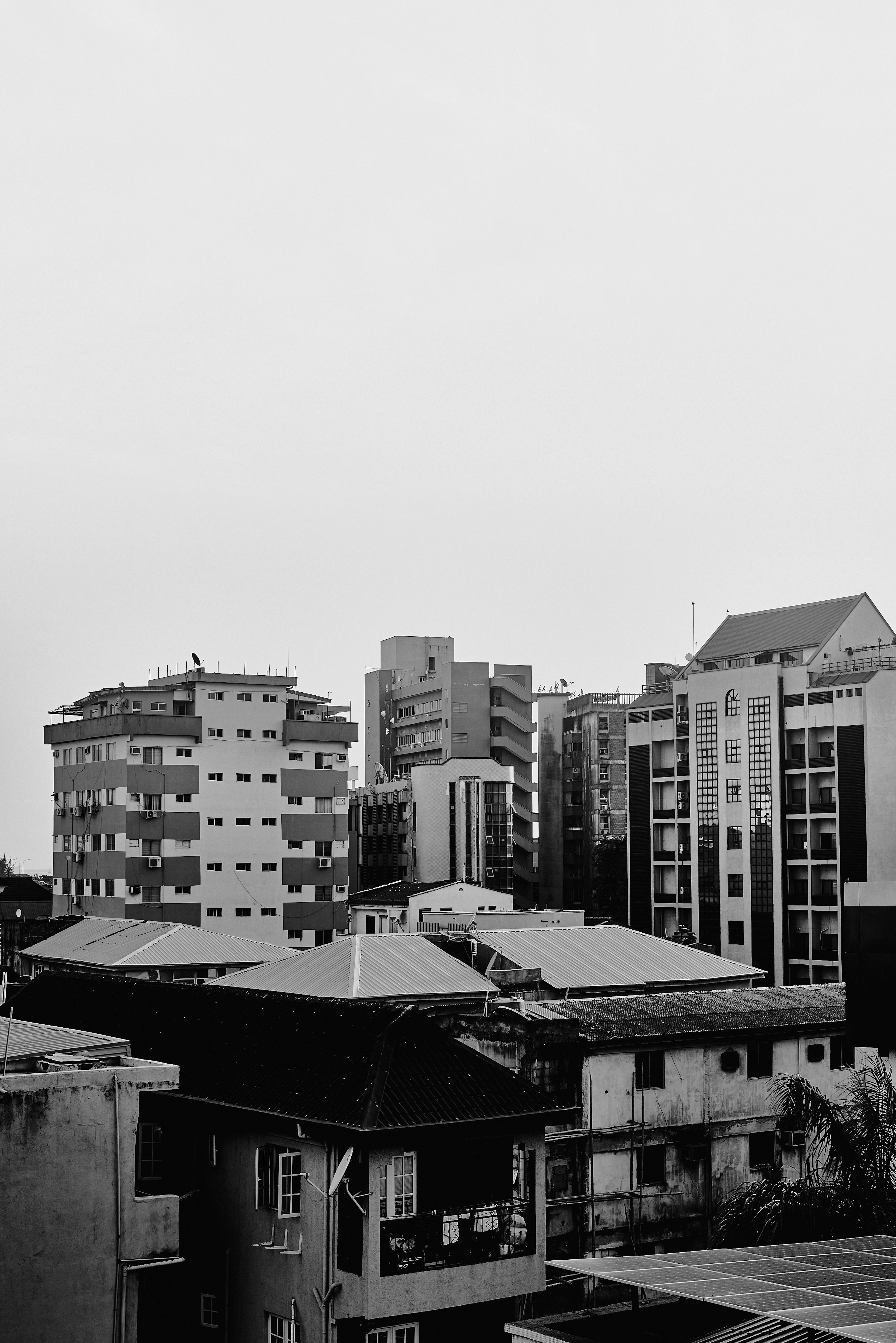 Black and white view of high-rise buildings in downtown Lagos Island, Nigeria