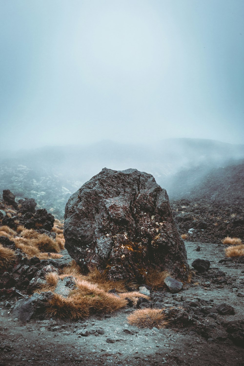 a large rock in the middle of a field