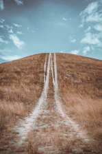 a dirt road going up a hill with a sky background