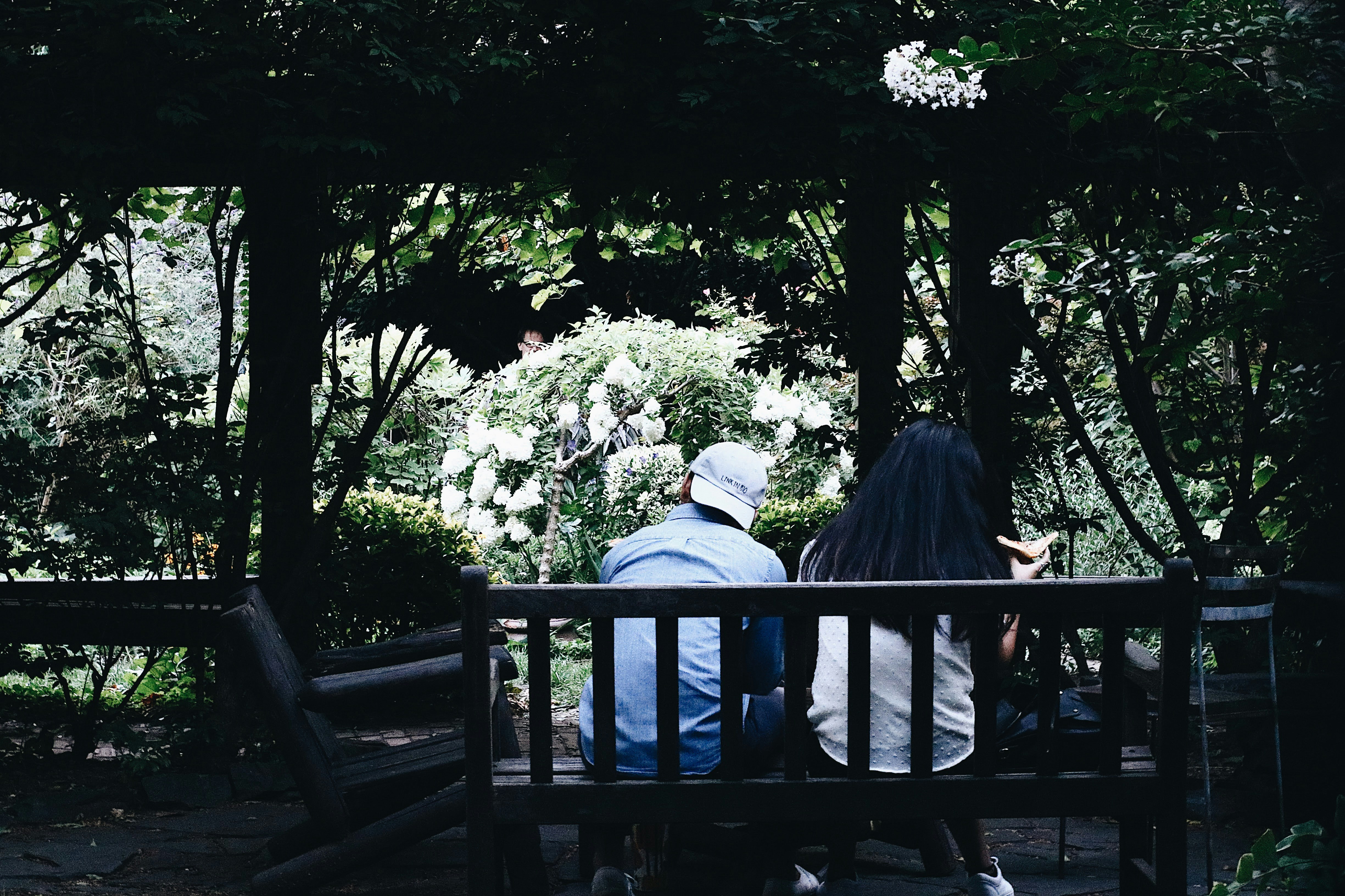 Two people sitting on a park bench in Japan having a conversation