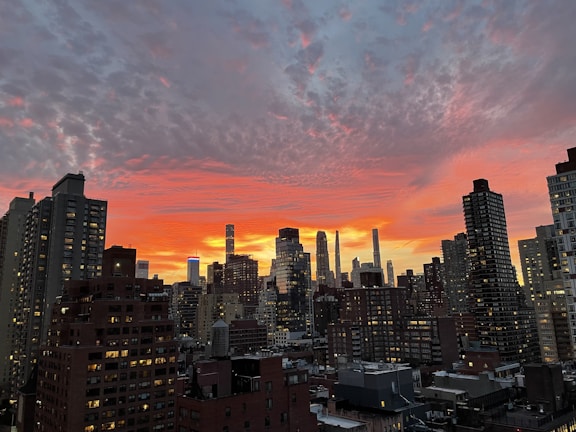 A city skyline during sunset.