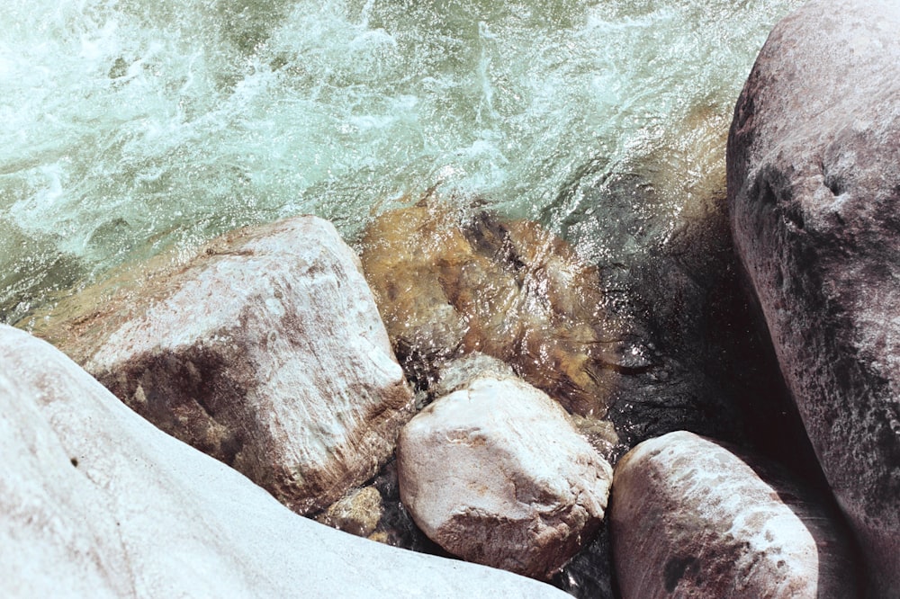 a close up of rocks near a body of water