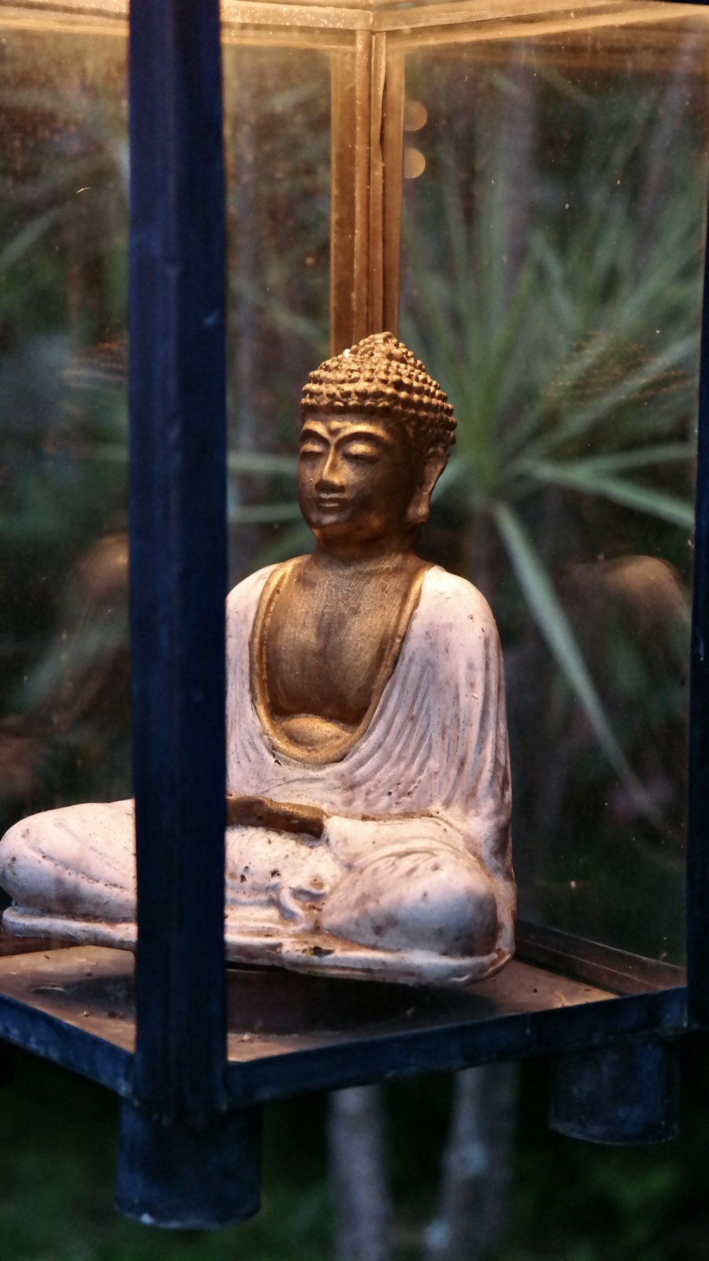a buddha statue sitting in a glass case