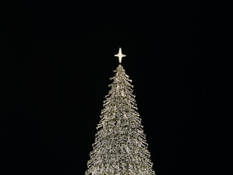 A beautifully decorated Christmas tree with sparkling accessories and a glowing star on top.