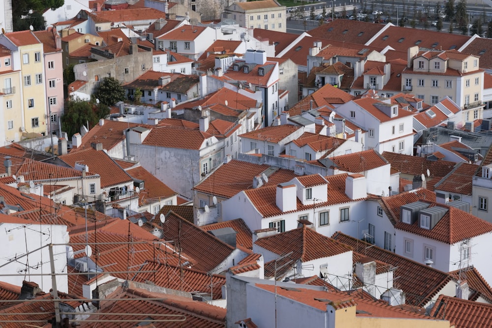 a large group of buildings with red roofs