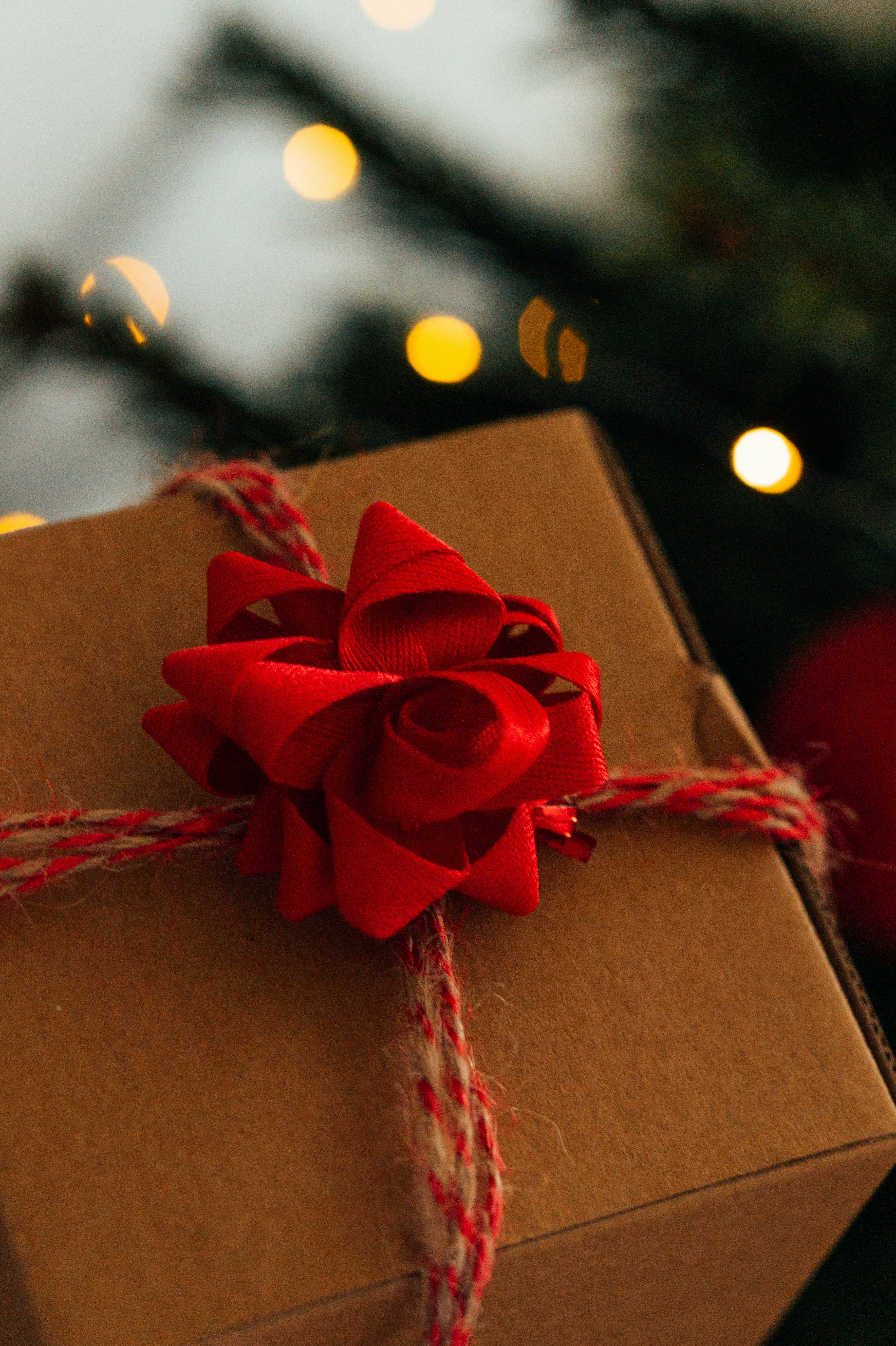 a present wrapped in brown paper with a red bow