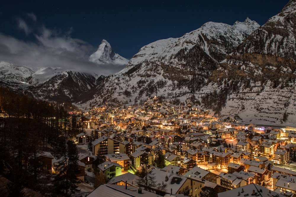 a city in the middle of a snowy mountain range