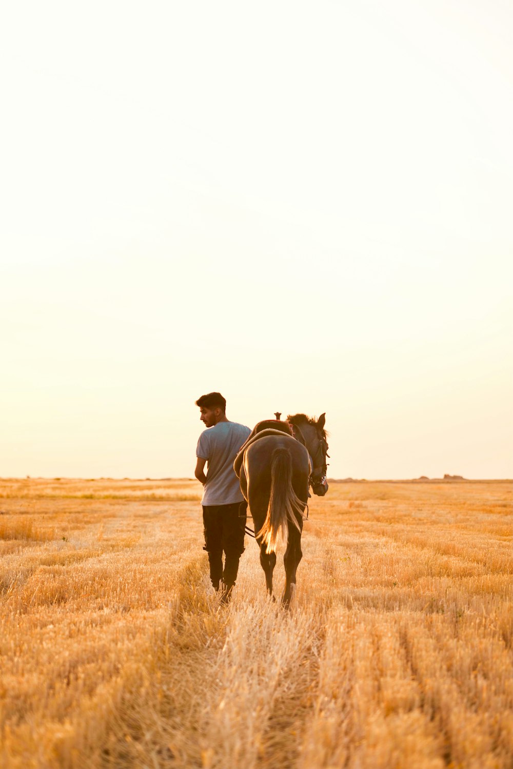 Un hombre paseando a caballo por un campo de hierba seca