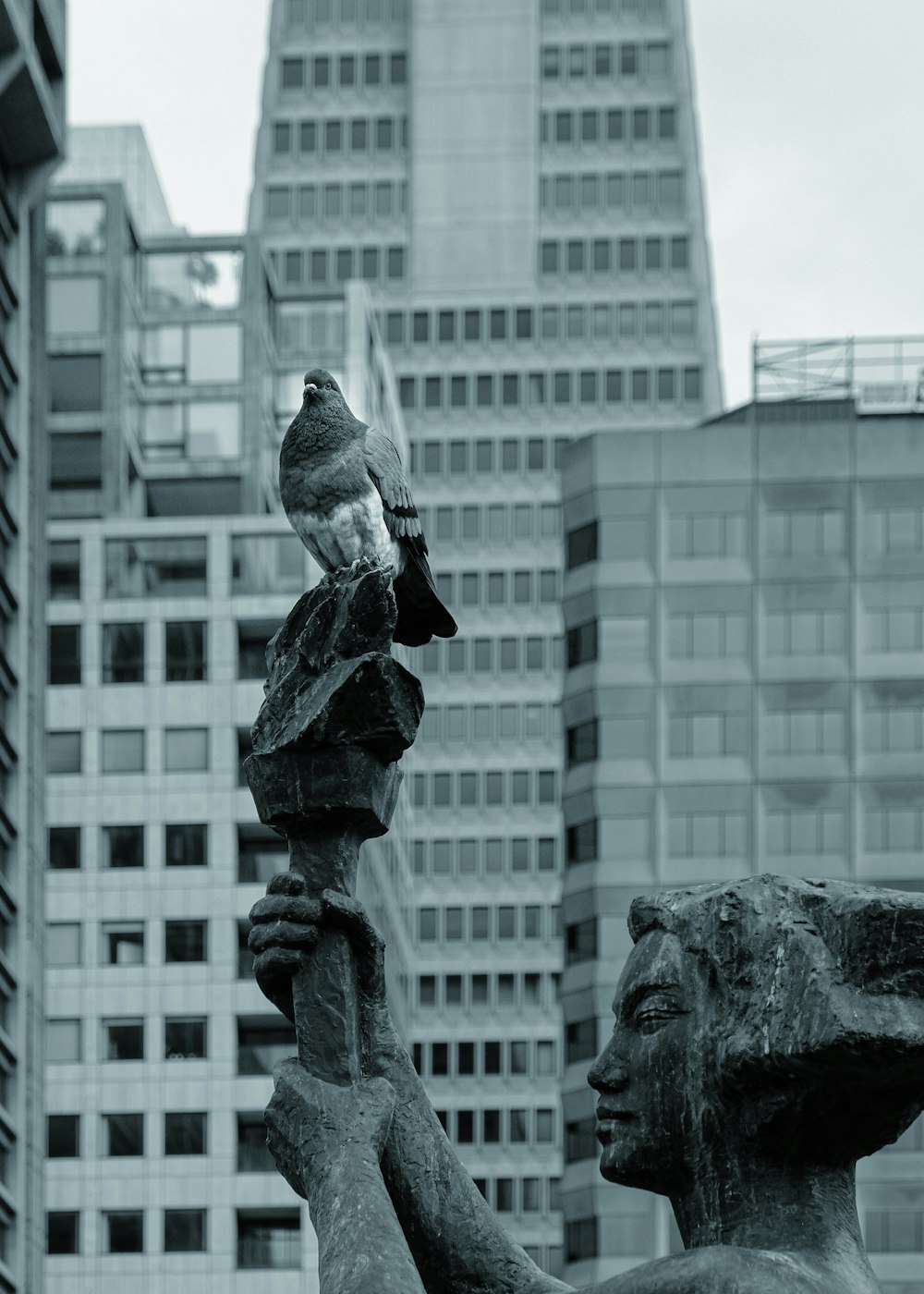 a bird perched on the arm of a statue
