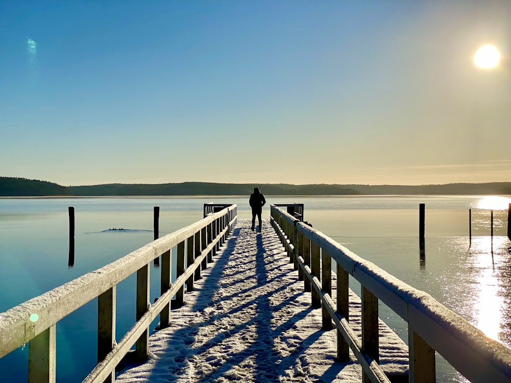 a person walking across a bridge over a body of water