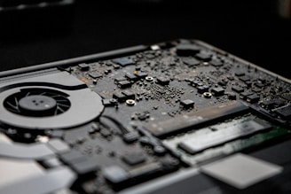 a close up of a computer motherboard with a fan