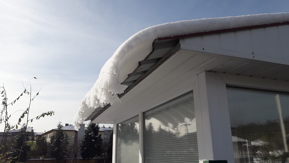 the roof of a building is covered in snow