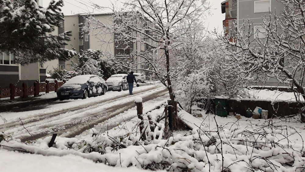 a couple of cars that are parked in the snow